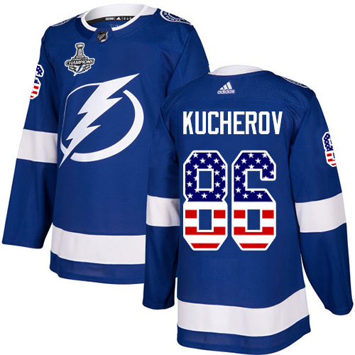 Men Adidas Tampa Bay Lightning #86 Nikita Kucherov Blue Home Authentic USA Flag 2020 Stanley Cup Champions Stitched NHL Jersey